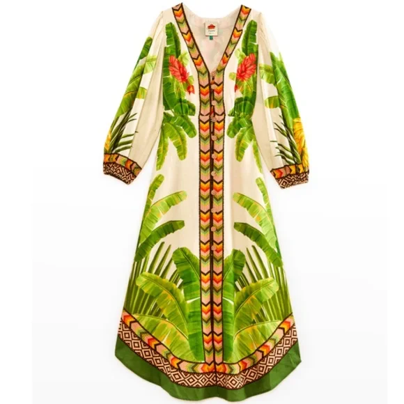 NWT $275 Farm Rio Fresh Forest Puff-Sleeve Midi Dress in Small!